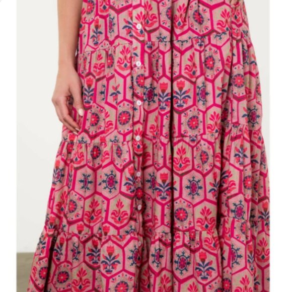 Women's THML Pink Blue Green Patterned Tiered Midi Dress - Medium - Picture 3 of 5